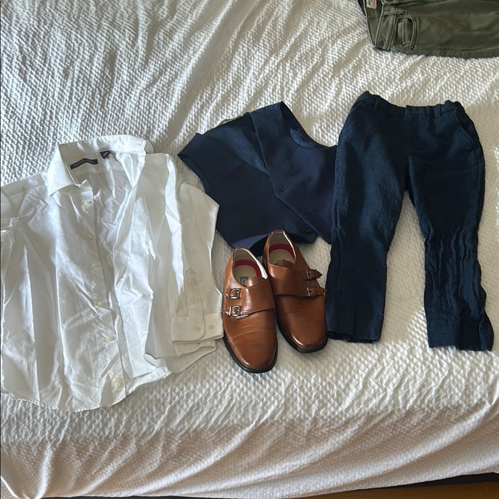 Boys Bundle White Shirt and Navy Pants and vest with Brown Shoes
